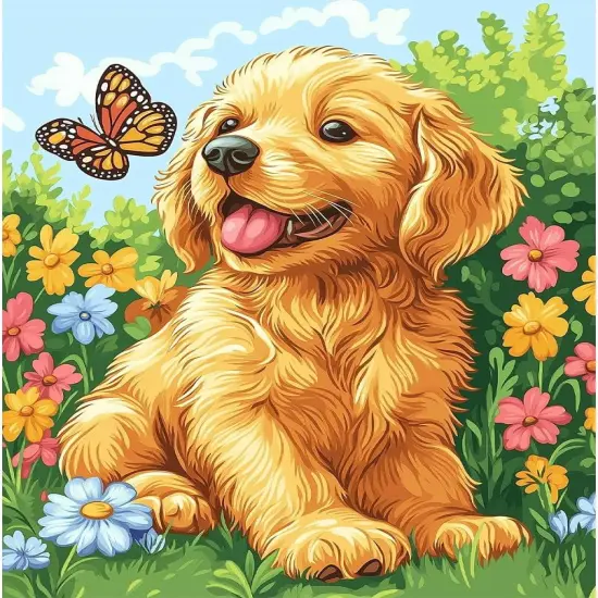 Paint by Numbers Kit for Adults Beginners, 16" Wx20 L Canvas Pictures Painting Acrylic Paintwork with 3 Pcs Paintbrushes, Dog Plays with Butterfly {1}
