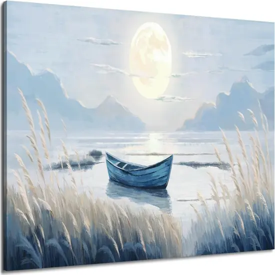 Large Wall Art for Living Room Bedroom Decor - Modern Nautical Beachy Ocean Beach Seascape Nature Artwork with Blue Boat Moon Lake Mountain Sea - Relaxing Serene Canvas Picture for Coastal Rustic Home {1}
