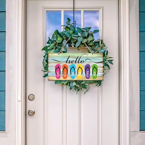 Hello Summer Sign 12 x 6 Inch Welcome Summer Door Sign Wooden Farmhouse Front Porch Door Hanging Decor Rustic Beach {4}
