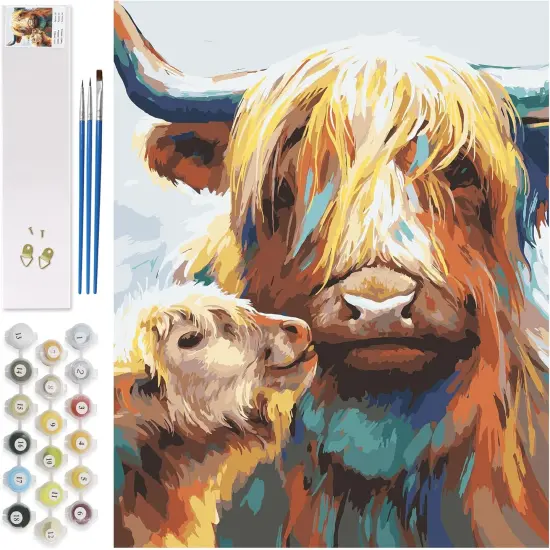 Paint by Numbers for Adults Canvas Highland Cow DIY Acrylic Adult Paint by Number Kits Colorful Mom Baby Cow Paintworks Animals Artwork Wthout Frame, 16x20 Inch {1}