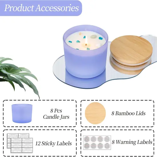 8 Pack 12 OZ Purple Glass Wide Mouth Candle Jars for Making Candles with Airtight Bamboo Lids Nice Sticky Warning Labels for Candle Making Empty Container Bulk - Dishwasher Safe {4}