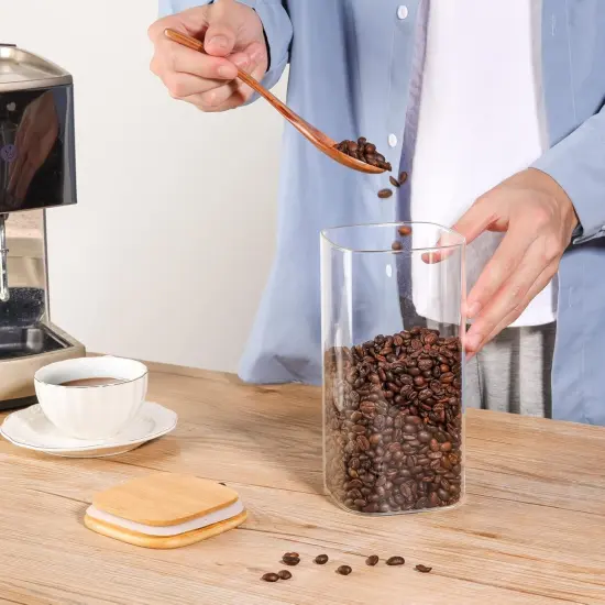 Airtight Glass Storage Canister with Wood Lid (51 oz), Clear Food Storage Container Jar with Sealing Lids for Oat Pasta Flour Cereal Rice Sugar Tea Coffee Beans, Set of 3 Square Cookie Jar {3}