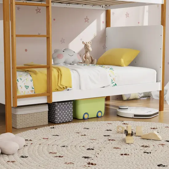 Twin Over Twin Bunk Bed with Solid Wood Frame and Guardrails {6}