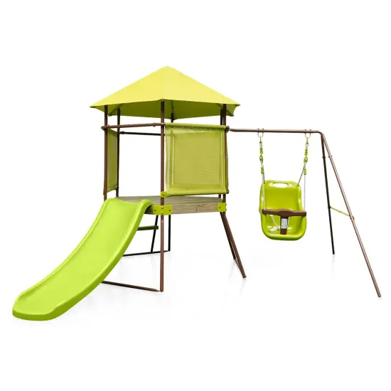 Green 4-in-1 Kids Swing Set with Slide, Adjustable Seat, Playhouse and Canopy {1}