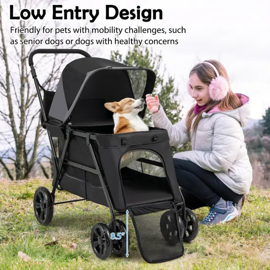 Black 600D Oxford Fabric Dog Stroller with Adjustable Ramp and All-Terrain Wheels {2}