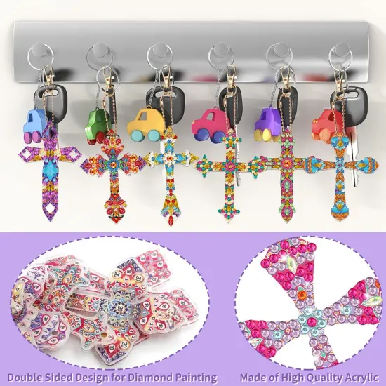 8 Pcs Diamond Painting Keychains Double Sided Cross Shaped Rhinestone Painting Art Gem Key Rings DIY Glittering Ornament Pendant for Beginners Adults Kids Art Craft Supplies Gift (Cross B) {4}