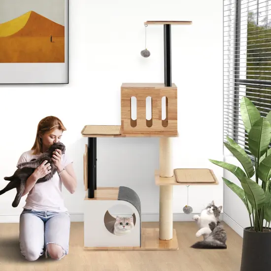 Natural Wood Cat Tree with Dual Condos, Sisal Scratchers and Pompom Toys {3}