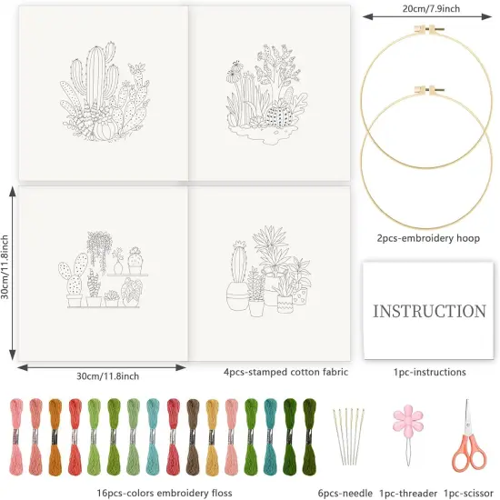 4pcs Cactus Embroidery Kit Embroidery Starter Kits Cactus Cross Stitch Kits {2}