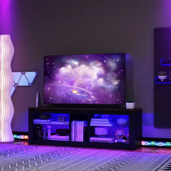 LED TV Stand with Adjustable Glass Shelves, Storage and Remote Control Lighting {6}