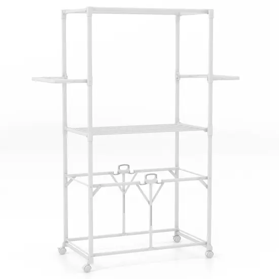 White Foldable Aluminum Drying Shelves Rack with Hanging Rods and Lockable Wheels {1}