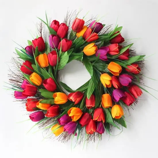 Tulip Wreath for Front Door, 18 Inch Spring Red Tulip Flower Wreath with Green Leaves Wreaths for All Seasons Window Wall Wedding Holiday Party Farmhouse Decorations Indoor Outdoor {5}
