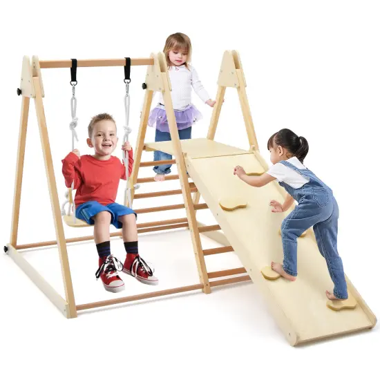 Natural Wood 5-in-1 Jungle Gym with Swing, Slide, Climbing Ramp and Foldable Design {4}