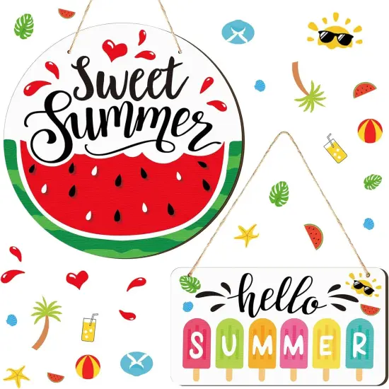 2 Pcs Hello Summer Sign Rustic Wood Decor Sweet Summer Sign Front Door Decoration {1}