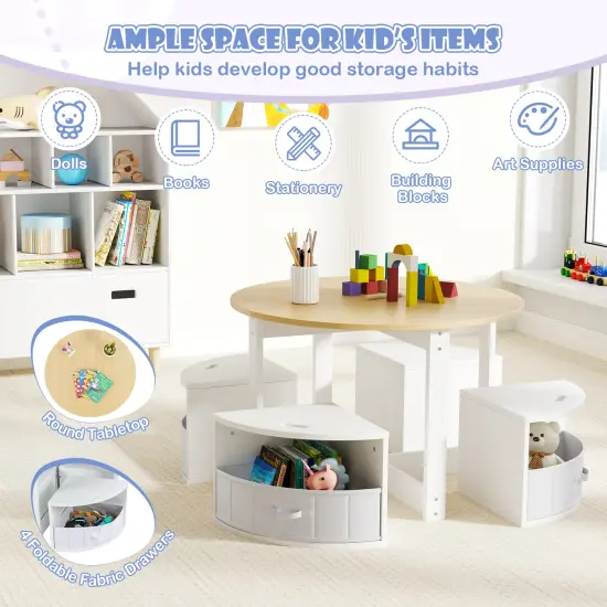 Kids Table Set with 4 Stools, MDF Nesting Design and Storage Bins Natural {5}