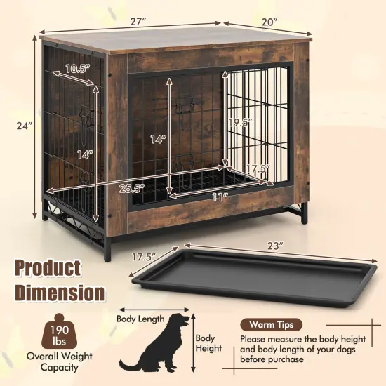 Rustic Brown MDF Metal Dog Crate Furniture with Dual Lockable Doors and Pull-Out Tray {5}