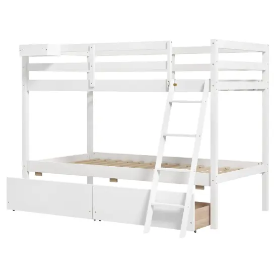 Twin Over Twin Bunk Bed with 2 Storage Drawers and Ladder Pine Wood White {2}