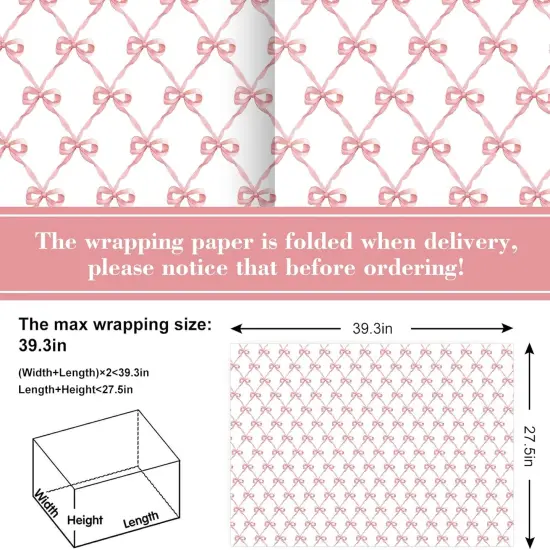 6 Sheets Pink Bow Wrapping Paper -Not Roll- Gift Wrap Paper Folded Flat Large Craft Paper for Birthday Baby Shower Party Supplies, 27.6 x 39.4 Inch {3}