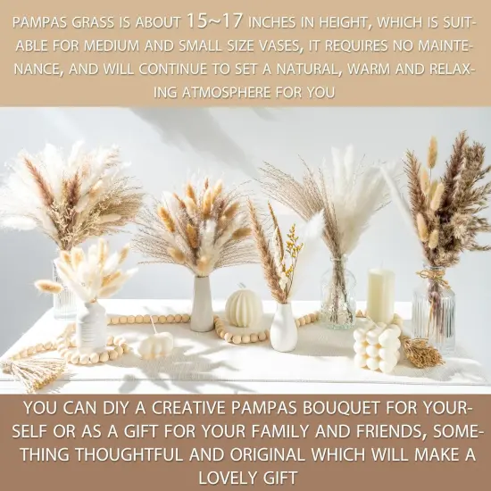 130PCS Natural Dried Pampas Grass Boho Home Decor Bouquet Phragmites Dried Flowers Bouquet for Wedding Floral Arrangements Home Decorations (130PCS) {3}