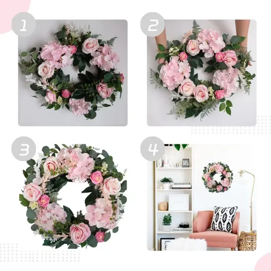 Artificial Pink Rose Wreath 20 inches Front Door Wreath with Hydrangea Green Leaves Wreath Artificial Spring Wreath Valentines Mother's Day Wreath for Wall Wedding Party Home Decor (Pink) {1}