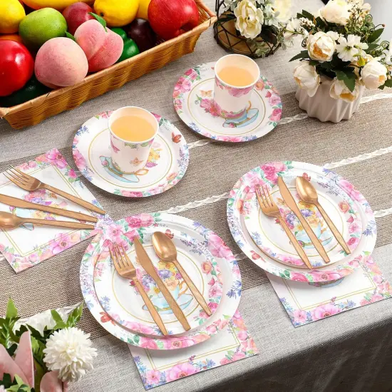 350 Pcs Tea Party Supplies Summer Tea Party Tableware Set Disposable Plates Napkins Paper Cups Plastic Cutlery Set {5}