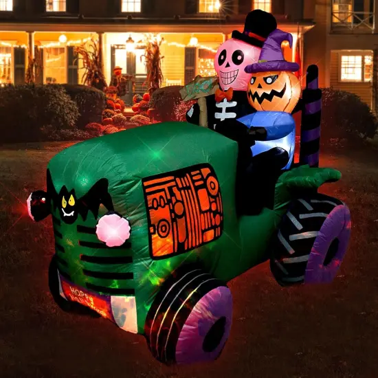 5.5Ft Long Halloween Inflatable Ghost Tractor LED Lights Decor Outdoor Indoor Holiday Decorations Halloween Blow up Car Lighted Yard Decor, Giant Lawn Inflatable Home Garden Party Decoration {4}