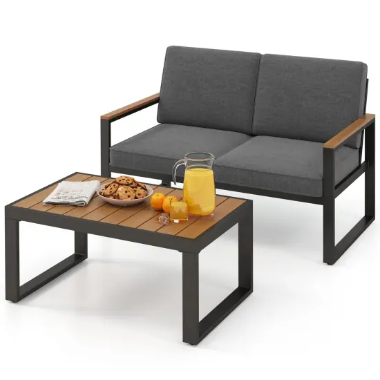 2 Piece Patio Aluminum Furniture Set with Wood-Plastic Armrests and Rectangular Coffee Table {4}