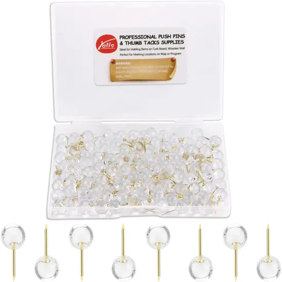 Push Pins 1/3 Inch Gold Map Tacks 100-Count Large Size Pins Golden Steel Point and Transparent Plastic Round Head (Gold) {1}