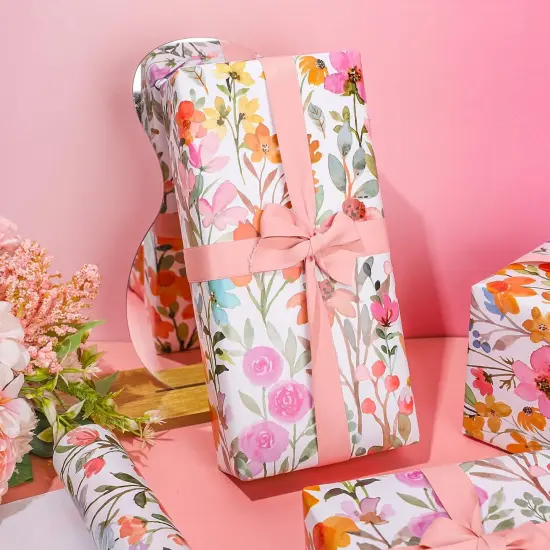 Floral Wrapping Paper Watercolor Flower Gift Wrap Paper Colorful Wildflower Spring Floral DIY Art Crafts Paper Mini Roll for Wedding Birthday Baby Shower Party, 17In x 32.8Ft {3}