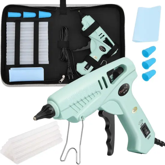 60/100W Hot Glue Gun Full Size with 15 Pcs Hot Glue Sticks (0.43 X 5.9 inch) and Carry Case, Dual Power High Temp Melt Glue Gun Kit with Finger Caps, Mat for Arts Craft, Household, Green {1}