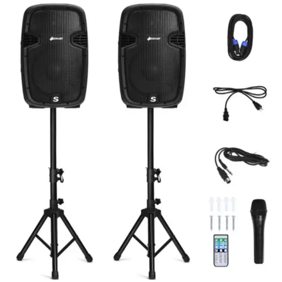 Black Iron and Plastic 2-Way Active Speaker System with Microphone and Stands {1}