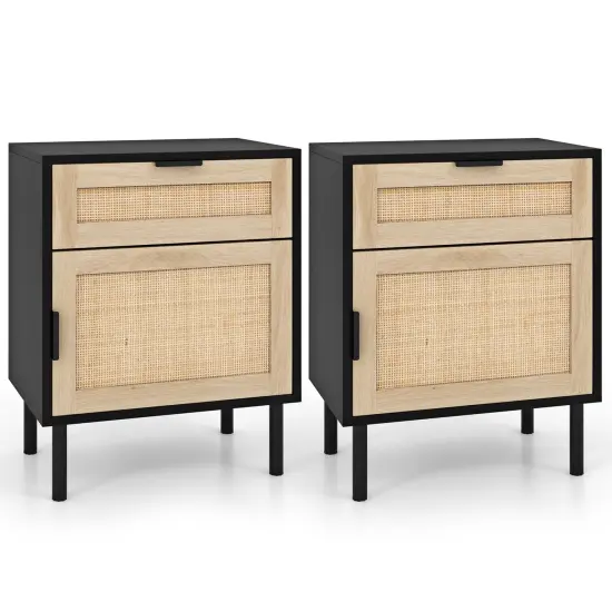 Black & Natural Rattan Nightstand with Drawer and Cabinet for Bedroom {1}