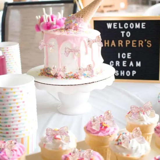 24pcs Pink Bow Cake Topper Bowknot Cupcake Toppers Cake Dessert Picks Decoration For Baby Shower Birthday Wedding Party Supplies {4}