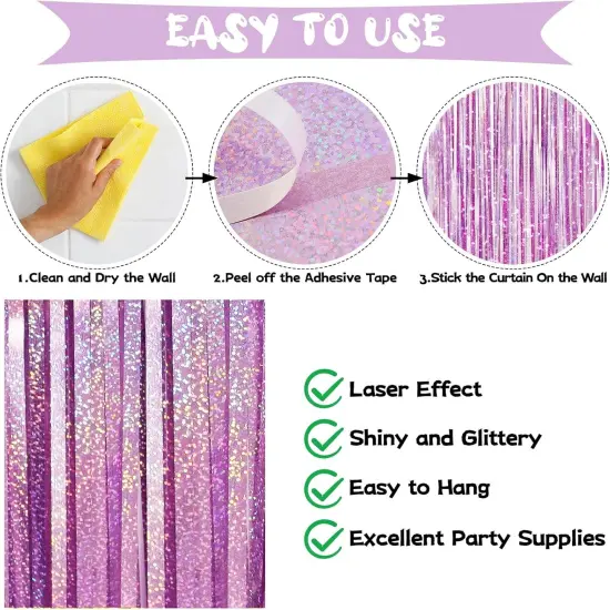 Light Purple Fringe Curtain Backdrop, 2 Pack Tinsel Foil Fringe Curtains Party Decorations Streamers, Xmas Light Purple Metallic Glitter Backdrop for Birthday Wedding Bridal Shower Photo Booth {3}