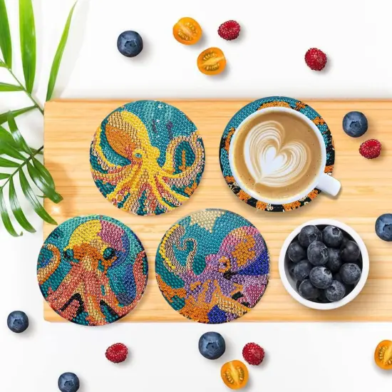 Diamond Art Coasters Set of 6, Small Diamond Painting Kits for Adults Beginners, Cork Coaster for Drinks Gem Art Coasters with Holder Home Decor for Octopus {4}