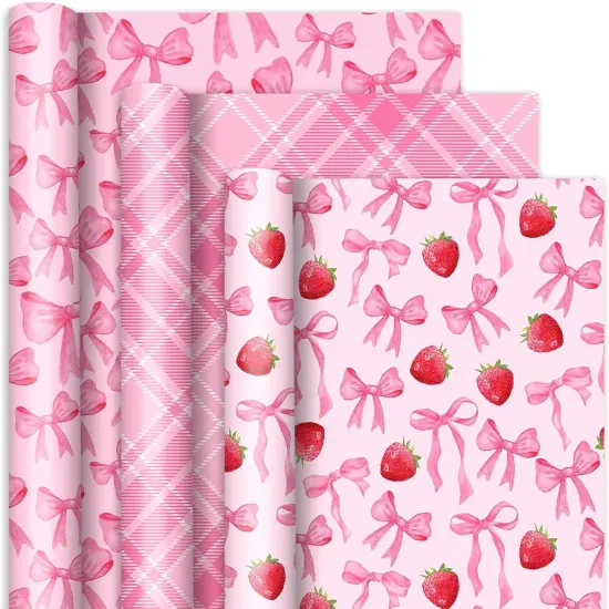 3 Rolls Pink Bow Wrapping Paper -Mini Roll- 17 In x 16.4 Ft Plaid Bow-Knot Strawberry Gift Wrap Paper for Holiday Wedding Baby Shower Birthday Party Wrapping Supplies {1}