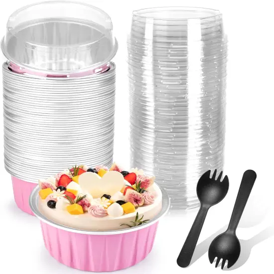 Disposable Ramekins 50 Packs with Lids and Spoons,Mini Cake Pans Round Aluminum Foil Cupcake Baking Cups Muffin Cups Tins,Disposable Cakecup Wrappers Cheesecake Creme Brulee-5 Oz (Pink) {2}