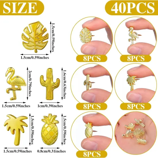 40 Pieces Gold Push Pins Cute Push Pins Tropical Office Supplies 5 Designs Decorative Thumb Tacks Cactus Palm Leaf Thumb Tacks for Photos Wall, Maps, Bulletin Board, Cork Boards {2}