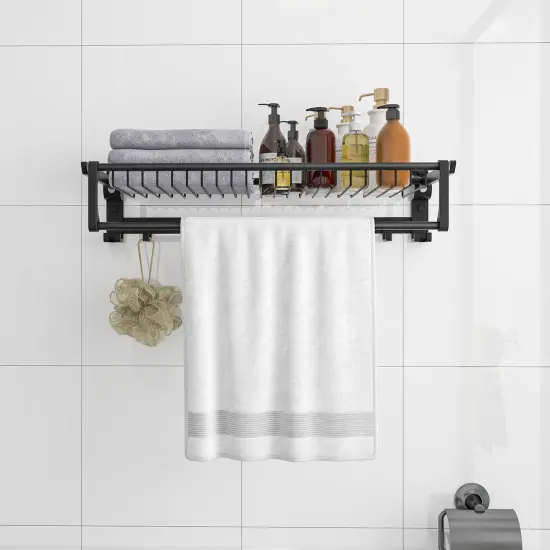 Foldable Space Aluminum Wall Towel Rack with Hooks & Shelf &ndash; Black {3}