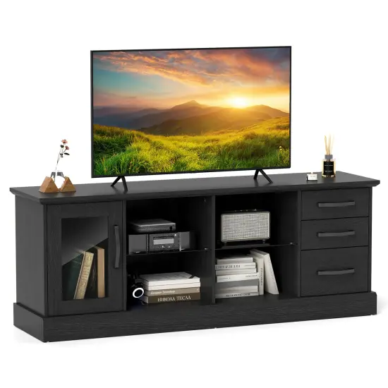 63 Inches Entertainment Center with 3 Storage Drawers and Removable Glass Shelves Gray {7}
