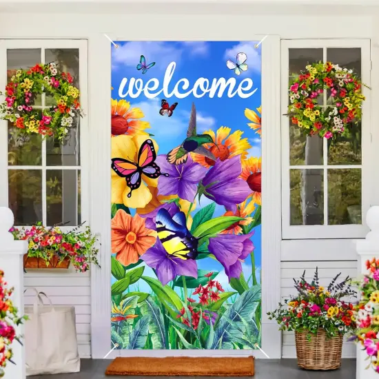Welcome Butterfly Door Cover Welcome Spring Door Decorations Banner Butterfly Flower Porch Banner Sign Photo Background for Spring and Summer Seasonal Welcome Holiday Party Indoor Outdoor Decor {5}