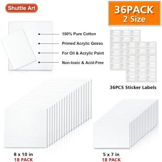 Painting Canvas Panels, 36 Pack, 5x7, 8x10in (18 of Each), 100% Cotton, Primed White Canvas Boards for Painting, Blank Canvases for Kids, Adults & Artists for Acrylic and Oil Painting {2}