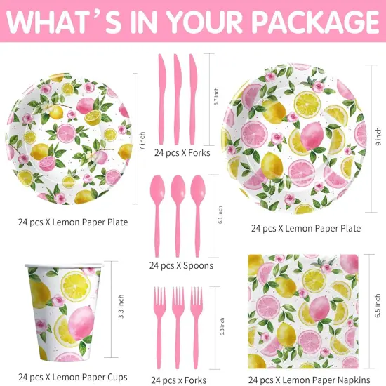 Summer Lemon Party Decorations Tableware, Party Supplies, Plate, Napkin, Cup, Cutlery, Summer Pink Lemon {2}