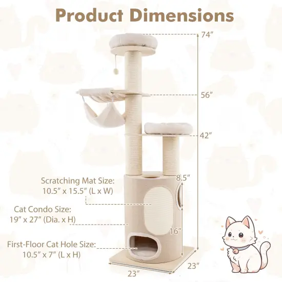 74 Inches Tall Wooden Cat Tower Tree with 4 Scratching Posts and 4 Cat Holes {4}