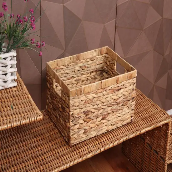 Rectangular Spring Woven Water Hyacinth Storage Baskets with inside Handle for Shelves Bathroom Kitchen Office Desk {2}