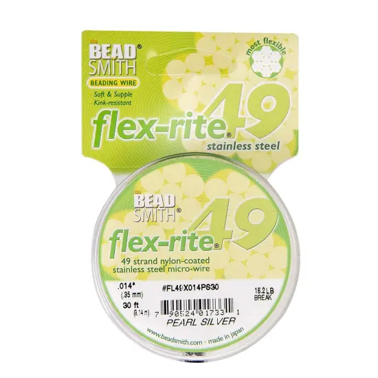 The Beadsmith Flex-Rite Beading Wire - Stainless Steel Micro Flexible Wire, 49 Strand, Pearl Silver, .014" Diameter, 30-Foot Spool, Nylon Coated {1}