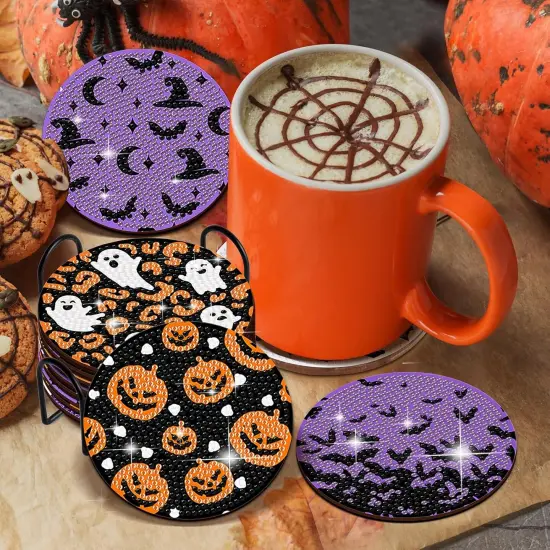 8 PCS Halloween Coasters with Holder - DIY Diamond Art Kit (Halloween-2) {4}