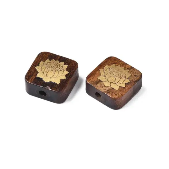 *5* 15x6mm Rosewood covered Brass Lotus Flower Square Beads {4}