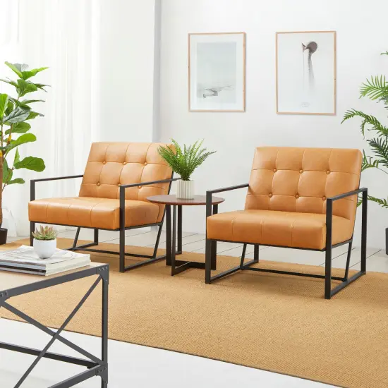 30.5"H Mid-Century Modern Leatherette Button-tufted Accent Arm Chair with Black Metal Frame Camel {2}