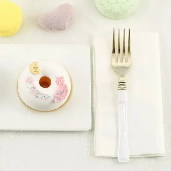 24 Metallic Gold White Handle Disposable Plastic 7" Forks Party Wedding Supplies {4}