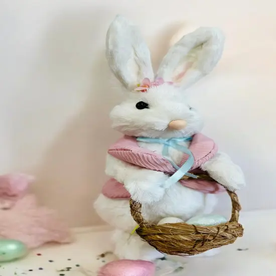13'' Easter Bunny Decor with Basket of Eggs - Whimsical Spring Figurine-63797WT {2}